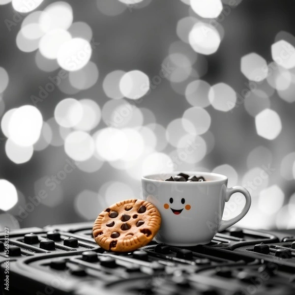 Fototapeta Cozy breakfast scene with a smiling coffee mug with a face, chocolate chip cookie on a stovetop, blurred bokeh background, warm, inviting home atmosphere