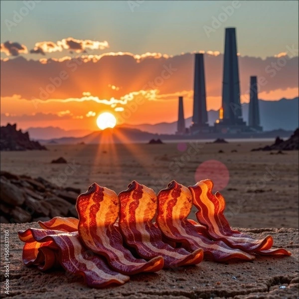 Fototapeta Colorful bacon strips on a rocky desert landscape at sunrise with industrial smokestacks in the distance and vibrant sky background du dawn