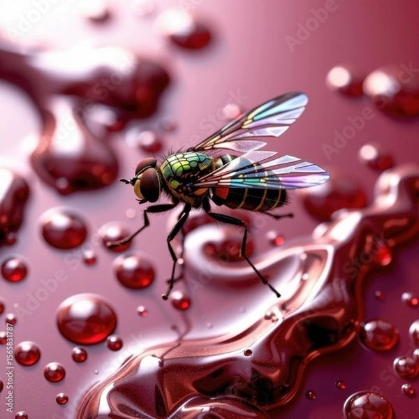 Fototapeta close up of colorful insect with transparent wings walking on glossy red liquid surface with water droplets and reflections, detailed macro shot of nature theme