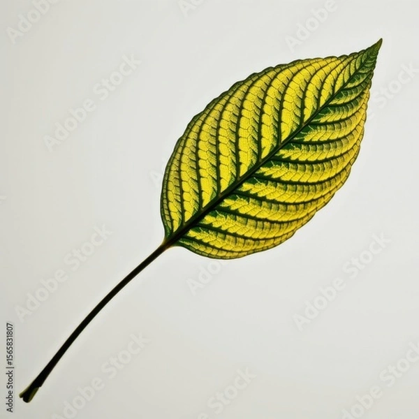 Fototapeta Close-up of a vibrant yellow and green patterned leaf with detailed textures and prominent veins on a plain light background for botanical or nature themes
