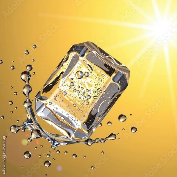 Fototapeta Close-up of a transparent ice cube with water droplets splashing on a vibrant yellow background under sunlight, highlighting clarity, refraction, and freshness