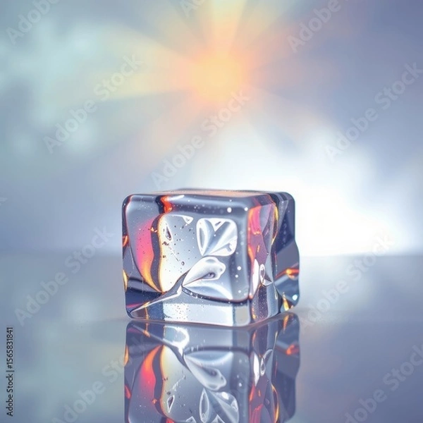 Fototapeta Close-up of a transparent ice cube with water droplets on surface, colorful abstract bokeh background with sun flare and reflections on smooth reflective surface