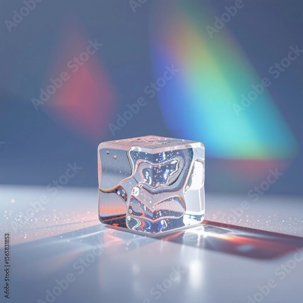 Fototapeta Close-up of a transparent glass cube with water and light reflections creating rainbow and prism effects on a smooth surface, colorful optical illusion and abstract art