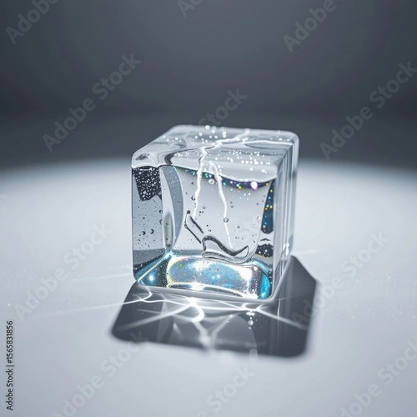 Fototapeta Close-up of a transparent ice cube with detailed textures and reflections on a smooth surface under soft lighting with a blurred background