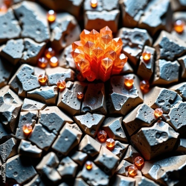 Fototapeta Close-up of a glowing orange geometric candle surrounded by black volcanic rocks with small reflective golden beads on a dark background