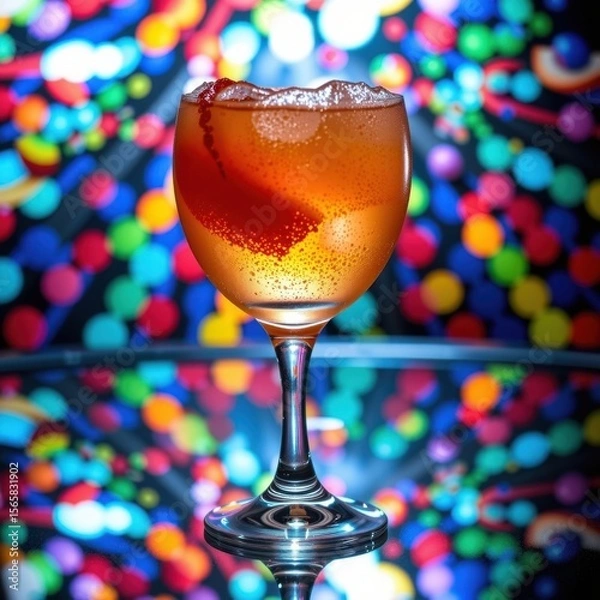 Fototapeta Close-up of a colorful cocktail in a glass against a vibrant blurred multicolored bokeh background for festive celebrations or party scenes