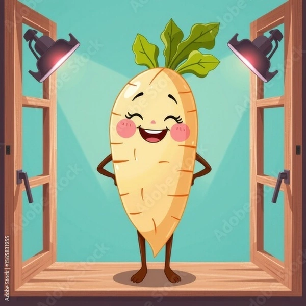 Fototapeta Cheerful cartoon carrot character with green leafy top standing in a bright studio with professional lighting setup, smiling with arms akimbo