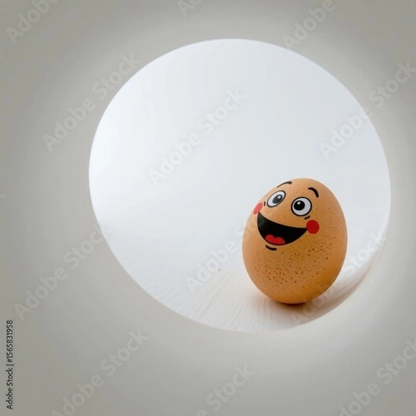 Fototapeta Cheerful animated egg with smiling face and rosy cheeks inside a circular cutout of a white background, playful and whical food-themed character design