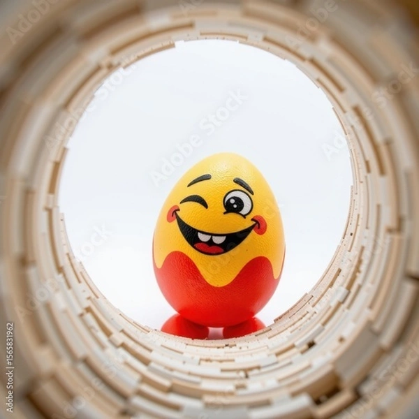 Fototapeta Cheerful smiley face egg with winking eye and open mouth showcasing happy expression, colorful construction toy model within circular architectural structure
