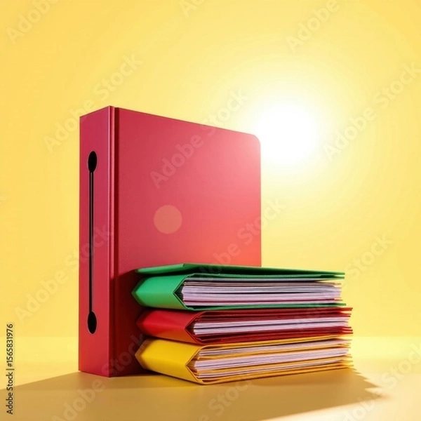 Fototapeta Bright yellow background with a large red binder and multiple colorful file folders stacked neatly showing organized document storage and record keeping in a vibrant workspace