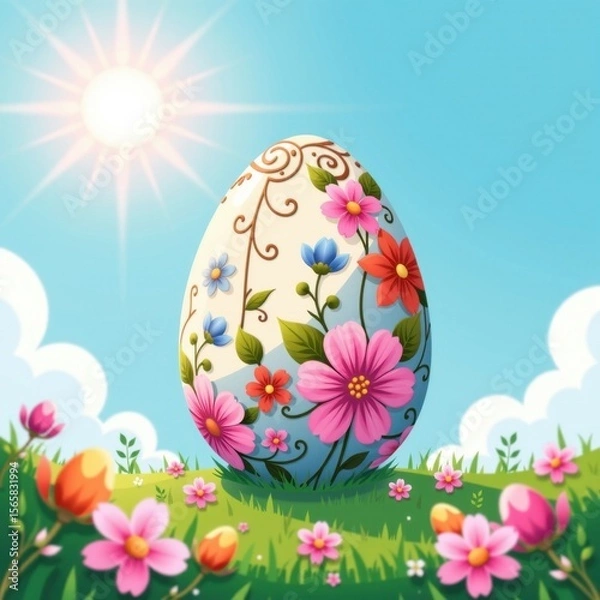 Fototapeta Brightly decorated Easter egg with colorful floral patterns resting on green grass under sunny blue sky with clouds and blooming flowers