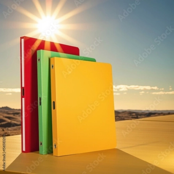 Fototapeta Brightly Colored Notebooks in a Desert Landscape Under Sunny Sky with and Sun Flare for Creative Stationery, Office Supplies, and Artistic Workspace Themes