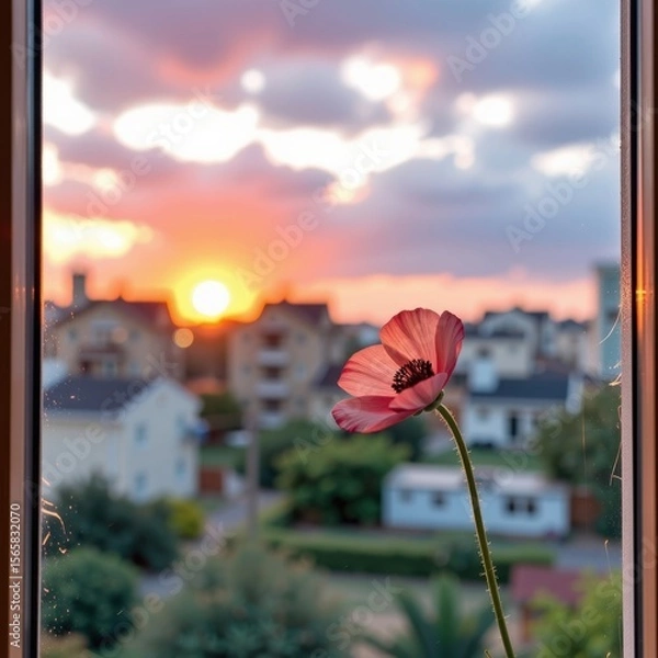 Fototapeta Beautiful sunset view through a smartphone screen with a blooming pink flower in the foreground captu vibrant colors and peaceful scenery