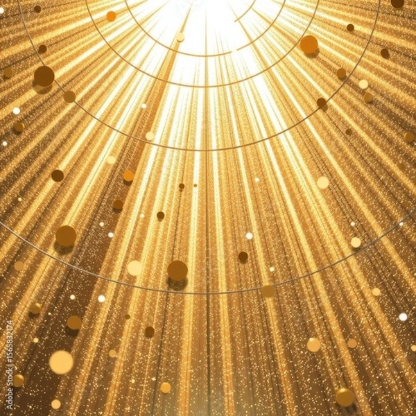 Fototapeta Abstract golden light rays with glowing particles radiating outward creating a dynamic sparkling background for celebration or festive event design
