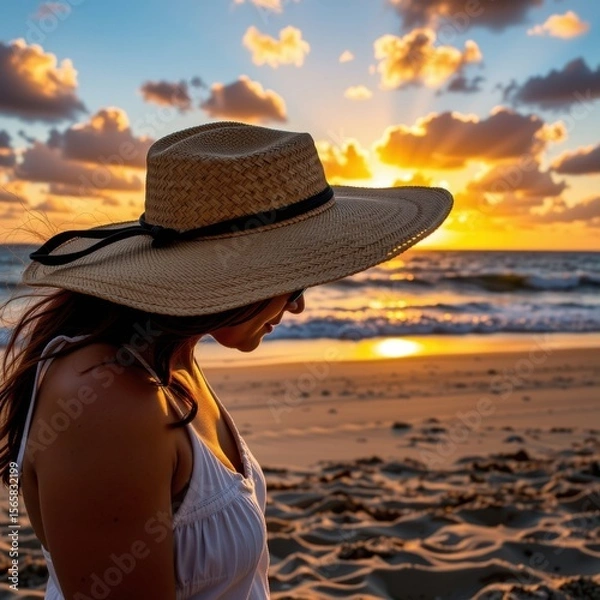 Fototapeta Woman wea large straw sun hat looking down on sandy beach du sunset with clouds and ocean waves in background