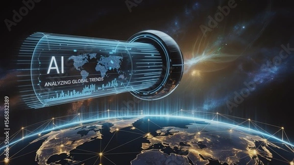 Fototapeta Futuristic AI technology analyzing global trends with digital world map overlay on Earth.