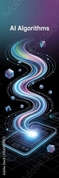 Fototapeta Futuristic digital concept with glowing AI algorithms and smartphone interface, representing advanced technology.
