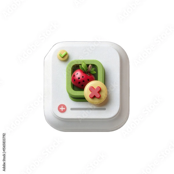 Obraz Square icon, white base, strawberry, green, red, plus, minus, check, cross