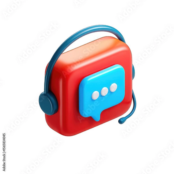 Obraz 3D icon of a red square with a light blue speech bubble and dark blue headset, representing customer support or communication