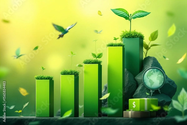 Obraz Image depicts green growth chart with ascending bars topped with small plants, symbolizing environmental progress and sustainability, with birds flying around and globe rocks, emphasizing