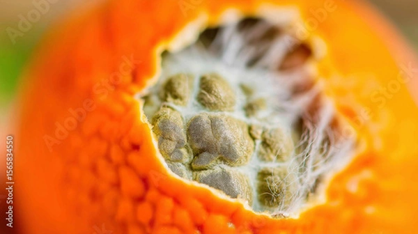 Fototapeta A macro shot of a torn orange rind with velvety green mold and wispy white hyphae - Generative AI