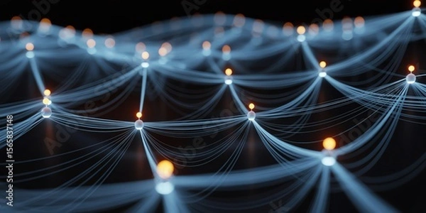 Fototapeta Futuristic glowing network connections on a dark background, symbolizing data flow and digital communication.