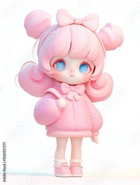 Fototapeta Cute 3D blind box toy style Q version character in soft pastel color tones and matte clay texture, isolated on white background.