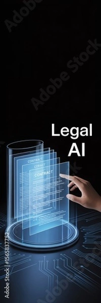 Fototapeta Futuristic interface with hand interacting with digital hologram, symbolizing legal AI advancements.