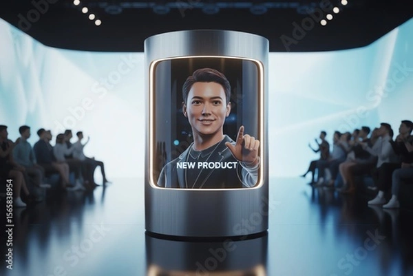 Fototapeta Futuristic presentation showcasing new product in modern digital conference setting with audience.