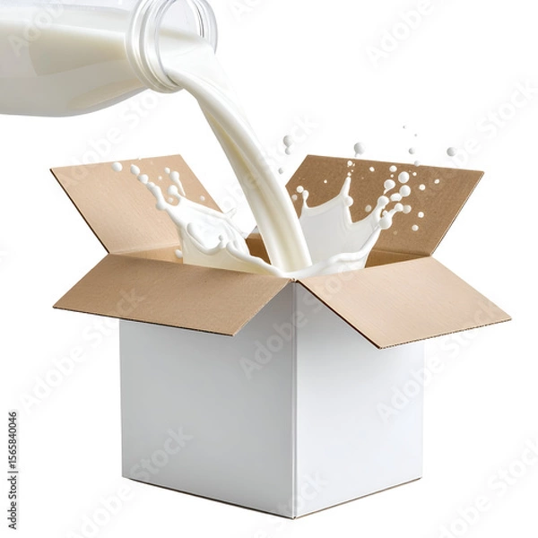 Fototapeta Milk being poured from a bottle into a box, splashing inside. The image captures the freshness and fluidity of the milk