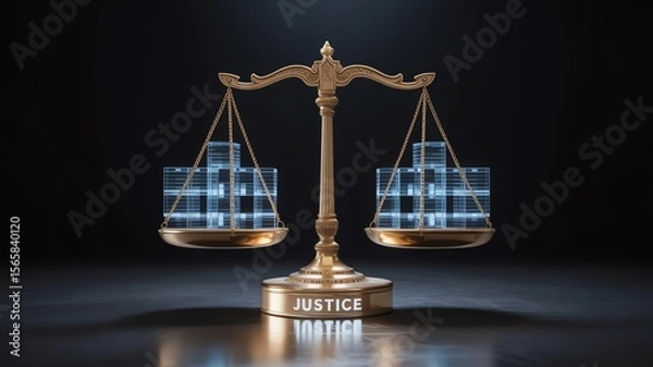 Fototapeta Golden justice scale with digital blocks, symbolizing balance and technology in a dark setting.
