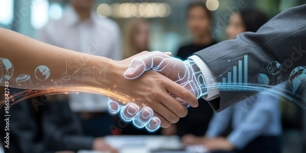 Fototapeta Two people shaking hands with digital data overlay in a modern office setting.
