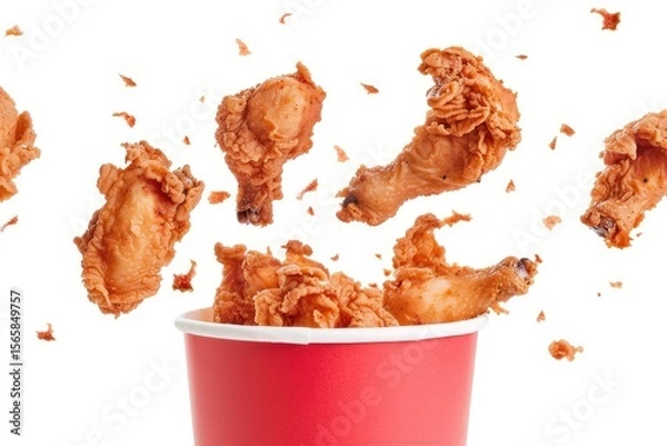 Fototapeta Sharp Picture of Fried Chicken Flying Out of Paper Bucket Isolated on White Background