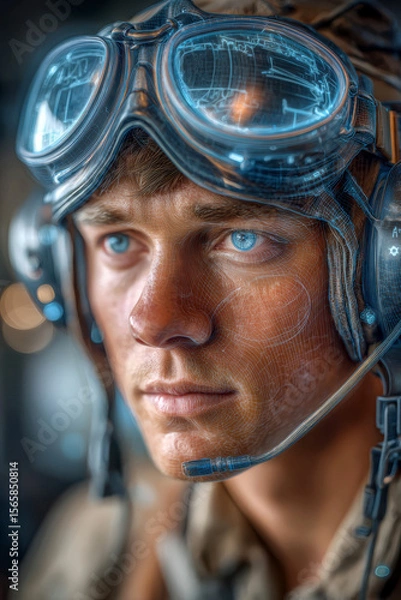 Fototapeta Young pilot wearing futuristic helmet with digital interface