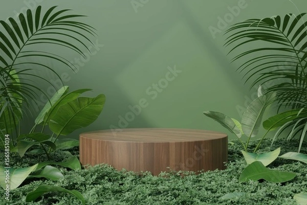 Fototapeta wooden podium for product presentation in lush green forest environment platform in natural green background for empty show product presentation cosmetic products scene with green leaves background