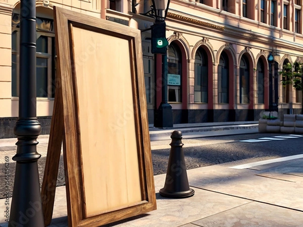 Fototapeta Blank wooden signboard in a city. Mockup, 3d rendering. Created using generative AI tools