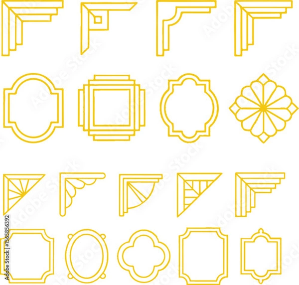 Fototapeta A collection of decorative corner and frame designs in metallic gold outline on a white background
