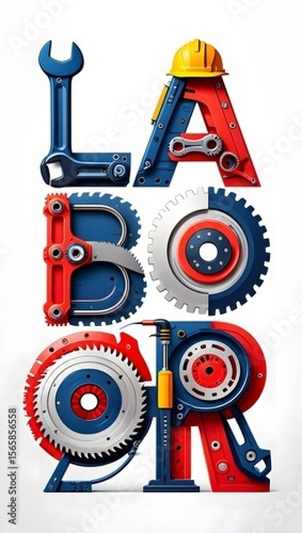Fototapeta Labor Day:  Bold, Industrial-Style Typography Composed of Tools and Gears.