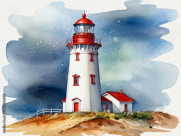 Fototapeta Lighthouse watercolor illustration on white background. Created using generative AI tools