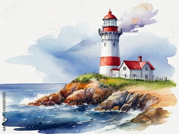 Fototapeta Lighthouse watercolor illustration on white background. Created using generative AI tools