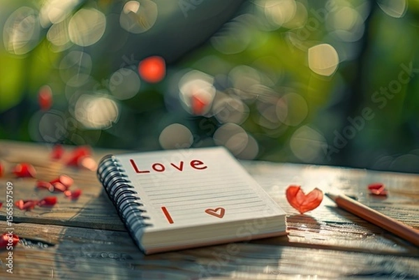 Fototapeta Ultra Quality Picture of Small Notepad with I Love You Inscription on Table