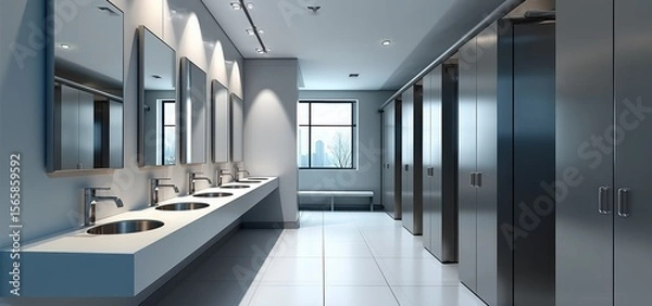 Obraz Modern public restroom interior with multiple white sinks and mirrors above, stainless steel stall partitions in light gray, spacious layout with window illumination, clean minimalist design in commer