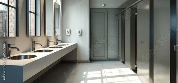 Obraz Modern public restroom interior with multiple white sinks and mirrors above, stainless steel stall partitions in light gray, spacious layout with window illumination, clean minimalist design in commer