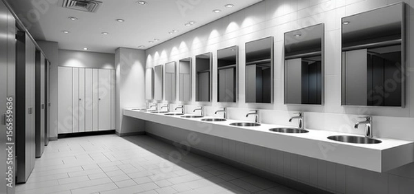 Obraz Modern public restroom interior with multiple white sinks and mirrors above, stainless steel stall partitions in light gray, spacious layout with window illumination, clean minimalist design in commer
