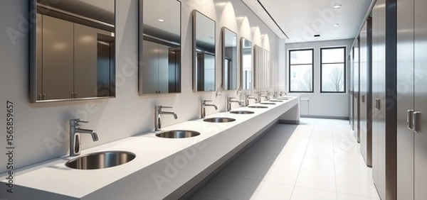 Obraz Modern public restroom interior with multiple white sinks and mirrors above, stainless steel stall partitions in light gray, spacious layout with window illumination, clean minimalist design in commer