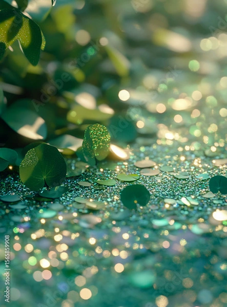 Fototapeta The close-up image shows shimmering green sequins and small, round leaves scattered on the ground, highlighted by a soft bokeh background effect,