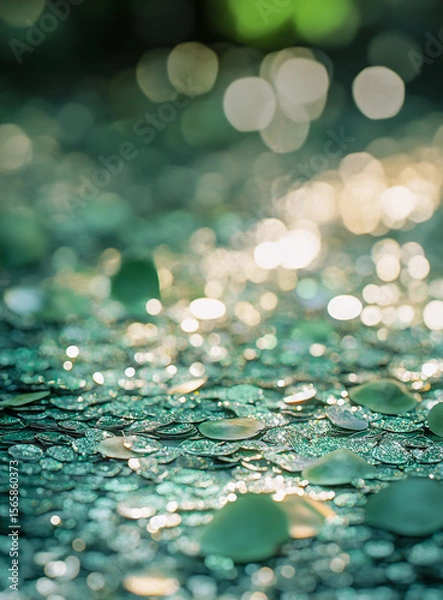 Fototapeta The close-up image shows shimmering green sequins and small, round leaves scattered on the ground, highlighted by a soft bokeh background effect,