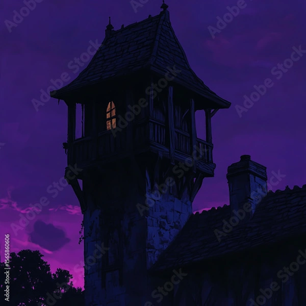 Fototapeta The evening scene features a medieval wooden tower and a porch, set against a dark purple sky, depicted in its distinctive style, showcasing rural architecture and atmospheric lighting.