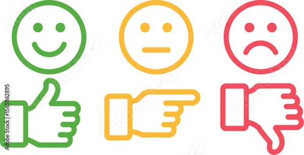 Obraz Three feedback icons showing positive neutral and negative with thumbs up point and thumbs down gestures