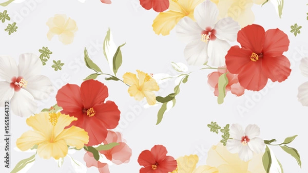 Obraz Floral seamless pattern features large red, white, and yellow hibiscus flowers along with green leaves and subtle background floral elements on a light gray background
